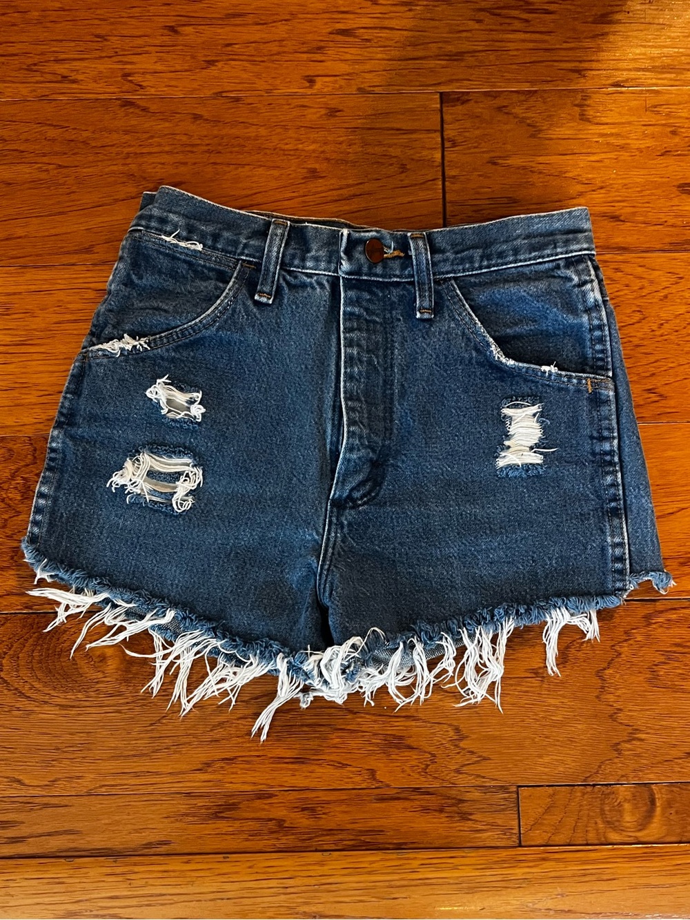 Wrangler Women’s Distressed Dark Blue High Waisted Denim Shorts